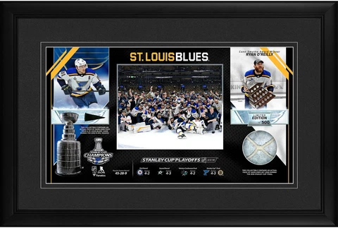 St Louis Blues 2019 SC Champs Frmd 10" x 18" Collage V3 & Piece of GU Puck & Net Cover