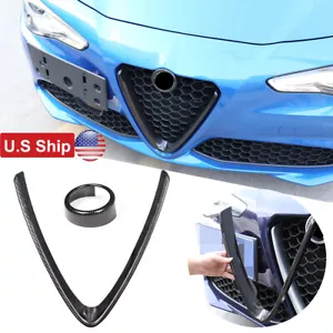 Cubierta de rejilla delantera ABS de fibra de carbono en forma de V + adorno de anillo con logotipo para Alfa Romeo Giulia - Imagen 1 de 13
