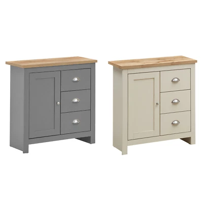 Small Modern Sideboard - 1 Door 3 Drawer Storage - Oak Finish Top - 2 Colours - Image 1 of 4