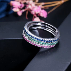 Silver Plated Green Red Blue RGB Women CZ Engagement Round Ring 3pcs Jewelry Set - Bild 1 von 14