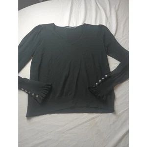 Top donna Lauren Ralph Lauren etichetta nera scollo a V manica a campana nero grande - Foto 1 di 4