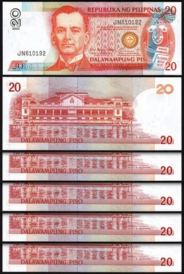 Philippines 20 Piso 2002, UNC, 5 Pcs LOT, Consecutive, P-182i, Sign 17 - Image 1 of 4