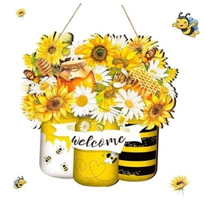 Welcome Wood Door Sign, Sunflower Yellow Flower Wreath Hanging Front Door Bee - Imagen 1 de 8