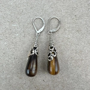 925 Sterling Silber Tigerauge Ohrhänger Scroll Design Leverback - Bild 1 von 7