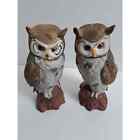 Set Of 2 Vintage Owls Mid Century Modern Brown White Wise Great Horned Owl 