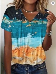 Painting Print T Shirt Womens Plus Size Blue Yellow Short Sleeve Summer Stretch - Picture 1 of 10