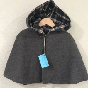 Cape 100% Wool Girl Sz 5/6 Coat Gray Fleece Plaid Flannel Reversible Preppy Hood - Picture 1 of 15