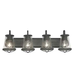 Georgina 30" 4-Light Weathered Iron Rustic Vanity, Seeded Glass & Cage Accents - Picture 1 of 10