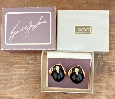 Vintage Kenneth Jay Lane Black Enamel Pierced Earrings New in Box - Image 1 of 4