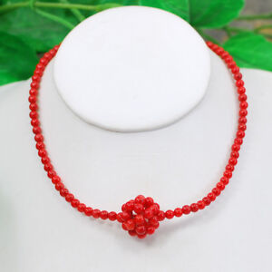 Red Sea Coral Round Beads & Ball Pendant Silver Necklace 18"-20"