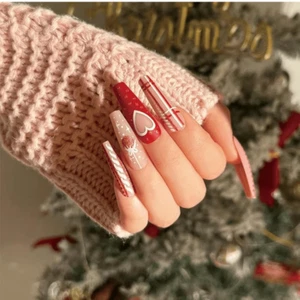 24 Christmas Press On Nails Red White Nails Long Coffin Love Candy Design - Picture 1 of 6