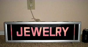 "JEWELRY"- RED WORD ILLUMINATED WINDOW SIGN METAL BOX [26" LONG x 7" TALL] VINT. - Picture 1 of 7