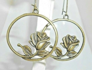 New Large Beautiful Encircled ROSE Bronze-tone Drop Dangle Earrings 2-3/16" Long - Picture 1 of 3