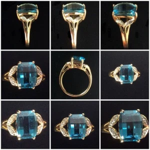 Ring 375 Gold 9 kt Blautopas & Diamant. Gr. N, 3,1 g Schachbrettschliff hinten - Bild 1 von 12