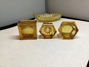 Amber Yellow Glass Square,Canoe, Hexagonal Beveled Salt Cellar Dips - Picture 1 of 14
