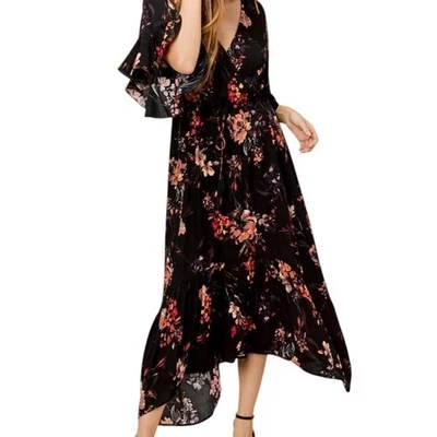 Vestido Midi Lovestitch Boho Floral Negro Rojo y Naranja Cuello en V Manga Volantes | Talla L Foto 1 de 4