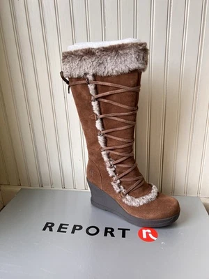 Report Kenai Suede Leather Platform Boots Brown Lace Up Sz 9 Wedge Heel Faux Fur - Image 1 of 4