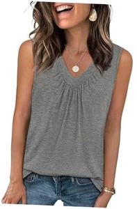 Tank Top for Women Loose Fit Sleeveless Shirts V Neck Summer Clothes Ruched - Picture 1 of 7