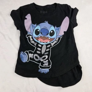 Disney Lilo & Stitch Sparkly Skeleton Halloween Black T-Shirt Girls Size S (7) - Picture 1 of 3