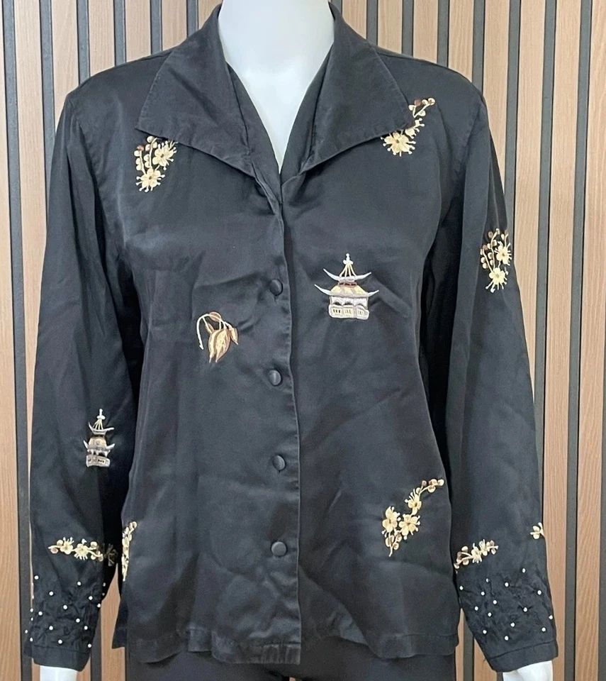 WinterSilks женщин M черный пуговицах шелковая рубашка цветочный вышитый шик богемное - Изображение 1 из 4