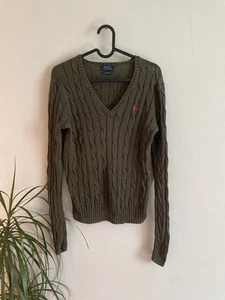 Suéter para mujer talla M Polo Ralph Lauren tejido con cable cuello en V marrón con naranja caballo - Imagen 1 de 6