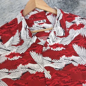 Uniqlo Japanese Art Mens Red & White Crane Lightweight Hawaiian Rayon Shirt XL - Picture 1 of 15
