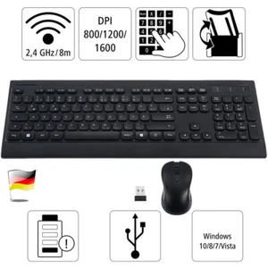 Funk-Tastatur-Maus-Set kabellos PC USB QWERTZ Keyboard 10m leise slim Schwarz - Bild 1 von 13