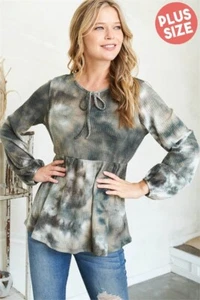 Womens Plus Size Olive Tie Dye Top 2X Waffle Knit Long Sleeve - Picture 1 of 2