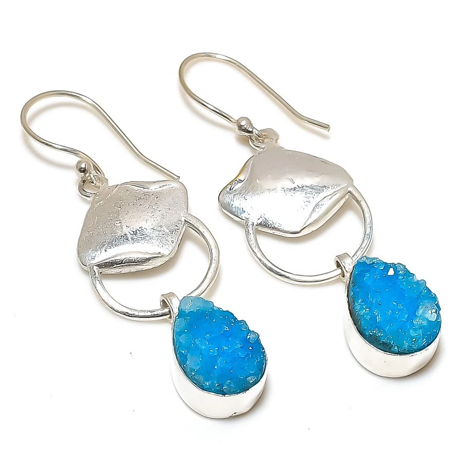 Blue Titanium Druzy Gemstone Silver Plated Handmade Dangle Earrings Jewelry 2" - Image 1 of 1