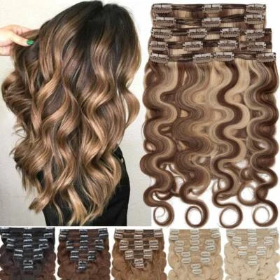 Body Wave Clip In Full Head Double Weft Remy Human Hair Extensions Thick Colored - Image 1 of 4