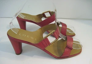LOEWE Dark Raspberry Leather Gold Tone Accent Double Strap Heeled Sandals Sz 37 - Picture 1 of 7