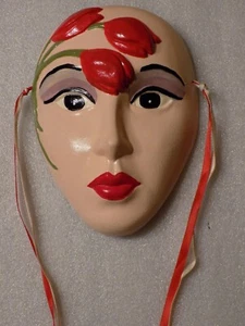 Damen Vintage Kunst Keramik bemalte Wandmaske Damengesicht & rote Tulpe Blumen - Bild 1 von 8