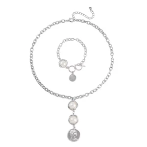 Simulated Pearl Necklace 20-22 Inches and Bracelet 7-8In in Silvertone - Picture 1 of 14