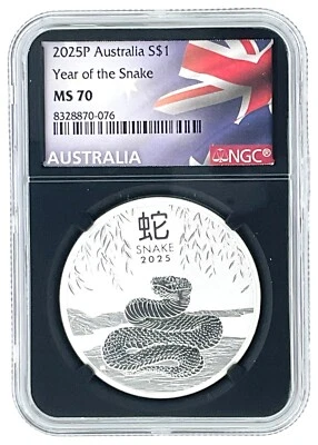 2025 Australia 1oz SilverLunar Snake NGC MS70 - Black Core Flag Label - Image 1 of 2