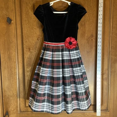 Jona Michelle Black Velveteen & Red White Silver Black Plaid Dress Girls Size 6 - Image 1 of 4