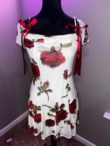 Thirty/Thirty LA white mesh strappy/off shoulder dress w red rose/ribbons M EUC - Picture 1 of 9