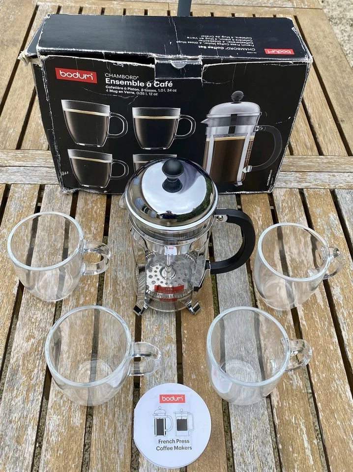 BODUM « Chambord » Cafetière Piston 8 Tasses + 4 Mugs en Verre 35cl État Neuf - Photo 1/4