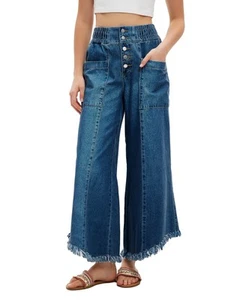 Women's Baggy Wide Leg Jeans Elastic Waisted Cropped Denim Pants Loose Boyfri... - Picture 1 of 5