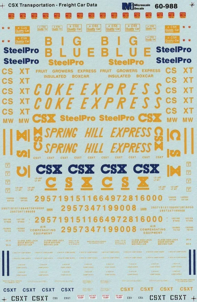 Microscale 60-988 N CSX Freight Car Data Big Blue, Coke Express, etc Decals - Image 1 of 1