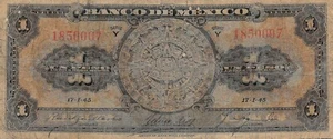 Mexico  1  Peso   17.1.1945  Series  Y  No Prefix  Circulated Banknote M9 - Picture 1 of 2