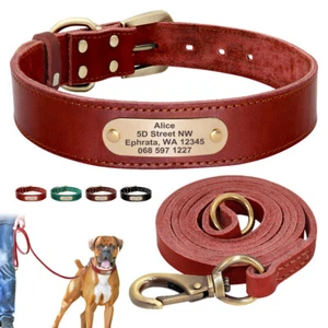 Genuine Leather Personalized Dog Collar and Leash set Heavy Duty for Small Large - Picture 1 of 23