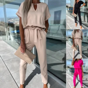 HOT Womens Solid V Neck Short Sleeve T-shirts Casual Pants Jumpsuits Rompers - Picture 1 of 30