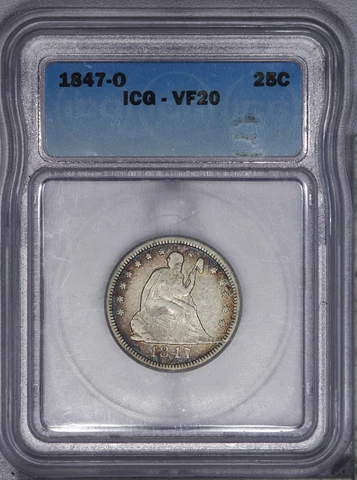 1847-O Liberty Seated Quarter ICG VF20 - Handsomely Toned Nice Look! LB Cover