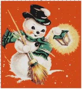 Retro Snowman w. Lantern Vintage Christmas Counted Cross-Stitch Pattern Chart - Picture 1 of 1