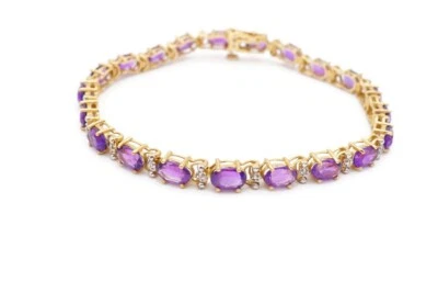 10k Yellow Gold Amethyst Diamond Tennis Bracelet 7.25" - Image 1 of 4