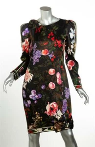 LEONARD VINTAGE Womens Fruit Black Silk Bow Knee-Length Long Sleeve Dress M - Picture 1 of 6