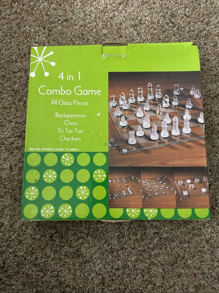 ALL GLASS Boards & GamePieces. 4 IN 1 COMBO Chess Backgammon TicTacToe Checkers - Image 1 of 4