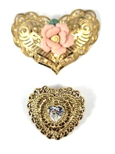 2 Vintage Gold Toned Filigree Heart Brooches Porcelain Rose Rhinestone - Picture 1 of 11