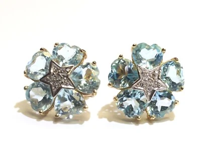 Aretes con racimo de piedras preciosas de diamantes de 0,06 quilates de topacio azul de oro amarillo de 14 k 4,8 g Foto 1 de 4