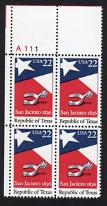 Scott #2204 22¢ Republic of Texas Plate Block of 4 Stamps - MNH UL - Picture 1 of 1